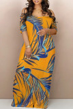 Sexy Leaf Print Pocket Contrast Off Shoulder Printed Dresses
