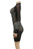 Sexy Patchwork See-Through Hot Drill Zipper O Neck Wrapped Skirt Dresses