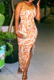 Celebrities Print Hollow Out Patchwork Backless Slit Halter Long Dresses