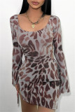 Sexy Print Backless O Neck Long Sleeve Dresses