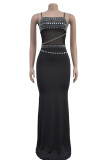 Sexy Patchwork Backless Hot Drill Spaghetti Strap Long Dresses