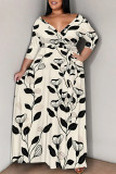 Casual Daily Flowers Print Lace Up V Neck Printed Plus Size Dresses