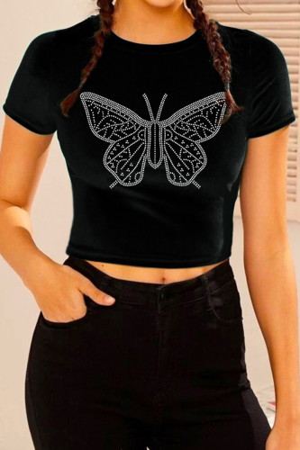 Casual Butterfly Patchwork O Neck T-Shirts