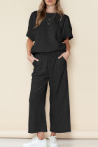 Casual Solid Color Draw String Pocket Patchwork O Neck Half Sleeve Two Pieces