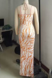 Celebrities Print Hollow Out Patchwork Backless Slit Halter Long Dresses