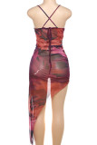 Sexy Print Patchwork Backless Spaghetti Strap Sling Dresses