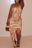 Celebrities Print Hollow Out Patchwork Backless Slit Halter Long Dresses