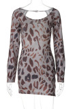Sexy Print Backless O Neck Long Sleeve Dresses