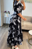 Celebrities Print Pocket Buckle Patchwork Turndown Collar Long Plus Size Dresses