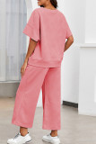 Casual Solid Color Draw String Pocket Patchwork O Neck Half Sleeve Two Pieces