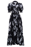 Celebrities Print Pocket Buckle Patchwork Turndown Collar Long Plus Size Dresses
