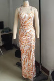Celebrities Print Hollow Out Patchwork Backless Slit Halter Long Dresses