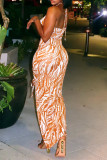 Celebrities Print Hollow Out Patchwork Backless Slit Halter Long Dresses