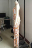 Celebrities Print Hollow Out Patchwork Backless Slit Halter Long Dresses