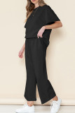 Casual Solid Color Draw String Pocket Patchwork O Neck Half Sleeve Two Pieces