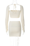 Sexy Casual Solid Color Patchwork Backless Belted Square Neck Long Sleeve Two Pieces
