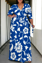 Casual Daily Flowers Print Lace Up V Neck Printed Plus Size Dresses