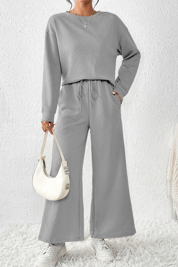 Casual Solid Color Draw String Pocket Patchwork O Neck Long Sleeve Two Pieces