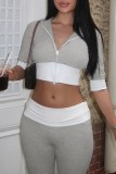 Casual Patchwork Contrast Hooded Half Sleeve Two Pieces