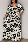 Casual Daily Flowers Print Lace Up V Neck Printed Plus Size Dresses