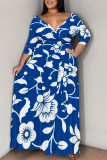 Casual Daily Flowers Print Lace Up V Neck Printed Plus Size Dresses
