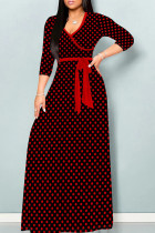 Casual Print Patchwork Strap Design V Neck Long Dresses