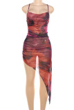 Sexy Print Patchwork Backless Spaghetti Strap Sling Dresses