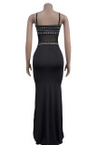 Sexy Patchwork Backless Hot Drill Spaghetti Strap Long Dresses