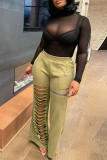 Casual Solid Color Hollow Out Pocket Patchwork Zipper Loose Mid Waist Wide Leg Patchwork Bottoms