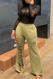 Casual Solid Color Hollow Out Pocket Patchwork Zipper Loose Mid Waist Wide Leg Patchwork Bottoms