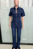 Casual Solid Color Pocket Buckle Patchwork Turndown Collar Regular Jumpsuits
