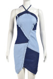 Sexy Patchwork Backless Contrast Halter Wrapped Skirt Dresses