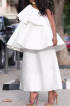 Celebrities Solid Color Patchwork Ruffled Trim Oblique Collar Two Pieces