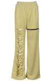 Casual Solid Color Hollow Out Pocket Patchwork Zipper Loose Mid Waist Wide Leg Patchwork Bottoms