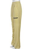 Casual Solid Color Hollow Out Pocket Patchwork Zipper Loose Mid Waist Wide Leg Patchwork Bottoms