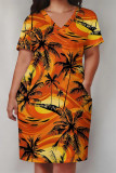 Casual Vacation Tropical Print Pocket V Neck Printed Plus Size Dresses