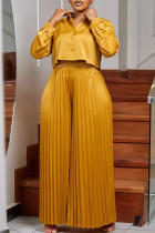 Casual Solid Color Buckle Patchwork Pleated Turndown Collar Plus Size Two Pieces