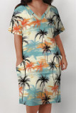 Casual Vacation Tropical Print Pocket V Neck Printed Plus Size Dresses