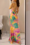 Celebrities Print Patchwork Backless Strap Design Spaghetti Strap Sling Dresses