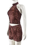 Sexy Print Patchwork Backless O Neck Sleeveless Two Pieces