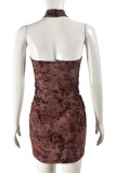 Sexy Print Patchwork Backless O Neck Sleeveless Two Pieces