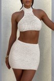 Sexy Casual Solid Color Backless Belted Halter Sleeveless Two Pieces