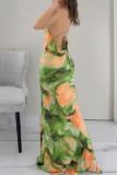 Celebrities Print Patchwork Backless Strap Design Spaghetti Strap Sling Dresses
