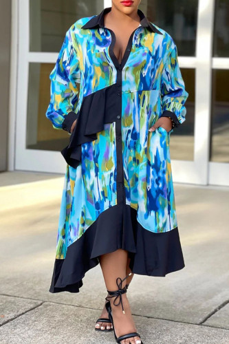 Celebrities Print Pocket Buckle Patchwork Ruffle Irregular Hem Turndown Collar Irregular Plus Size Dresses