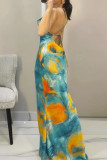 Celebrities Print Patchwork Backless Strap Design Spaghetti Strap Sling Dresses