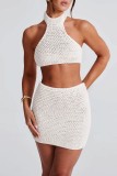 Sexy Casual Solid Color Backless Belted Halter Sleeveless Two Pieces