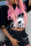 Casual Street Letter Print Contrast O Neck T-Shirts