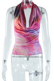 Sexy Print Patchwork Backless Strap Design Halter T-Shirts
