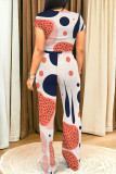 Casual Street Geometric Print Pocket Contrast O Neck Short Sleeve Two Pieces