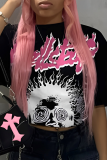 Casual Street Letter Print Contrast O Neck T-Shirts